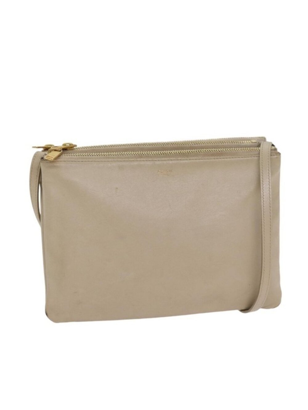 Authentic CELINE Trio Shoulder Bag Leather Beige Gold